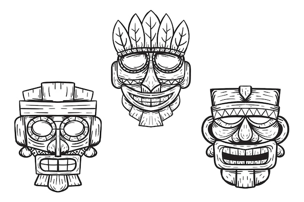 Handgetekende Tiki-maskerillustratieset