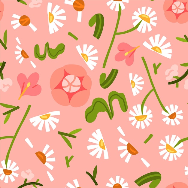 Handgetekende vector abstracte grafische clipart illustraties naadloze patroon van samenstelling met doodle vormen van bloesem bloemblaadjes en kamilleModerne natuur achtergrond ontwerp concept patroon