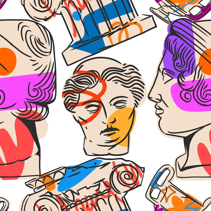 Vector handgetekende vector abstracte grafische griekse oude beeldhouwwerken en kolomlijnkunst modern