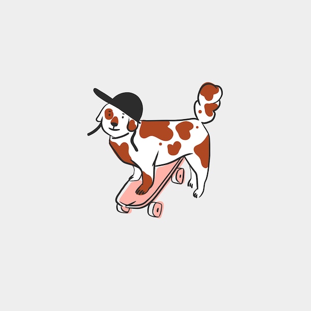 Handgetekende vector abstracte grafische lijn kunstcollectie met diverse leuke grappige honden stripfiguren Vector illustratie van grappige cartoon hond op skateboard in trendy vlakke stijl Lijn hond pictogram