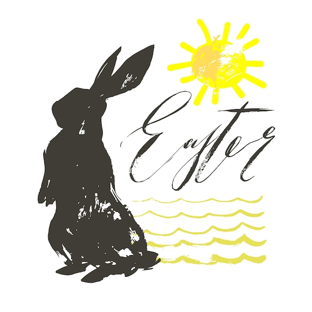 Handgetekende vector abstracte grafische scandinavische collage Happy Easter schattige eenvoudige bunny illustraties wenskaart en handgeschreven moderne kalligrafie Pasen geïsoleerd op witte achtergrond