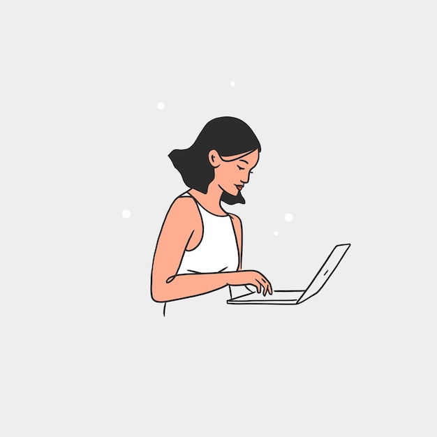 Handgetekende vector abstracte lijn kunst cartoon illustratie met jonge vrouw die op laptop werkt in trendy lijnstijl Mooie vrouwelijke personages met behulp van laptop Grafische freelance en zakenvrouw concept