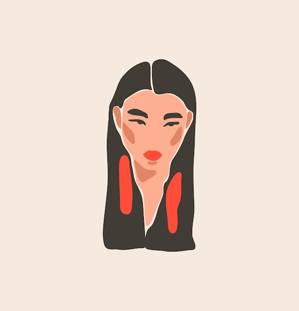 Handgetekende vector abstracte voorraad platte grafische hedendaagse moderne artesthetische mode illustratie met bohemien mooi modern vrouwelijk portret eenvoudige trendy stijl Vrouw design concept art