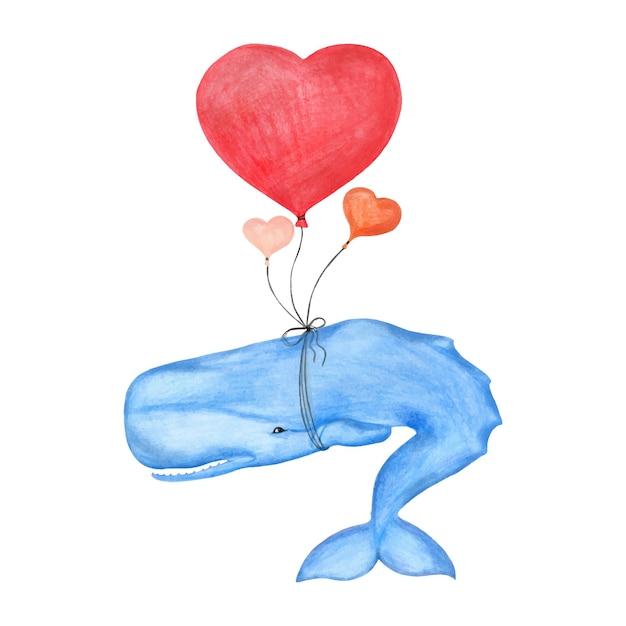 Handgetekende vector walvis potvis met harten in de vorm van ballonnen