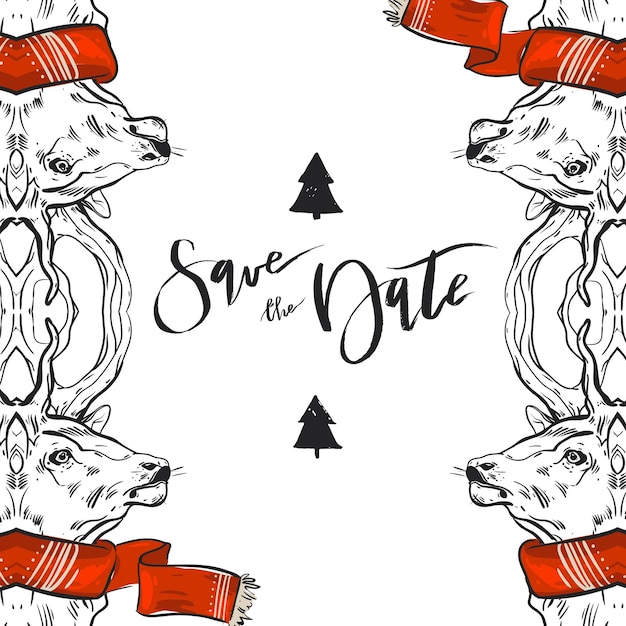 Handgetekende vectorafbeelding Merry Christmas bewaar deze datum decoratie groetkaarten met herten in rode sjaal geïsoleerd op witte backgroundChristmas journaling designSave the date Christmas concept