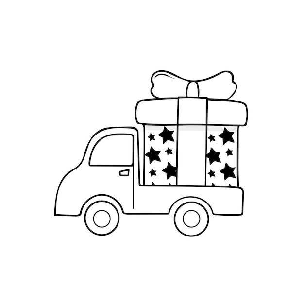 Handgetekende vectorillustratie pick-up truck039s met grote geschenkdoos