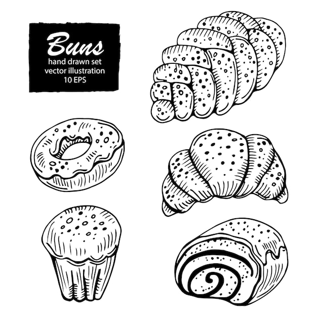 Handgetekende vectorillustratie - set met zoet en dessert (croissant, cupcakes, muffin, donut).