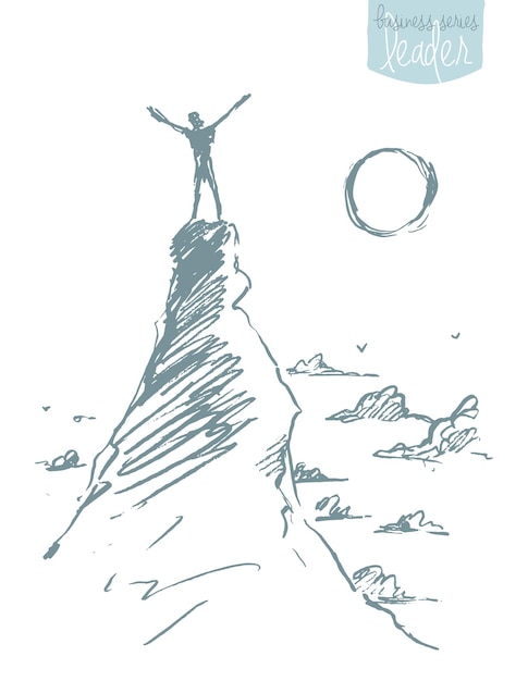 Handgetekende vectorillustratie, silhouet van een man op de top van de heuvel tegen zonsopgang, schets