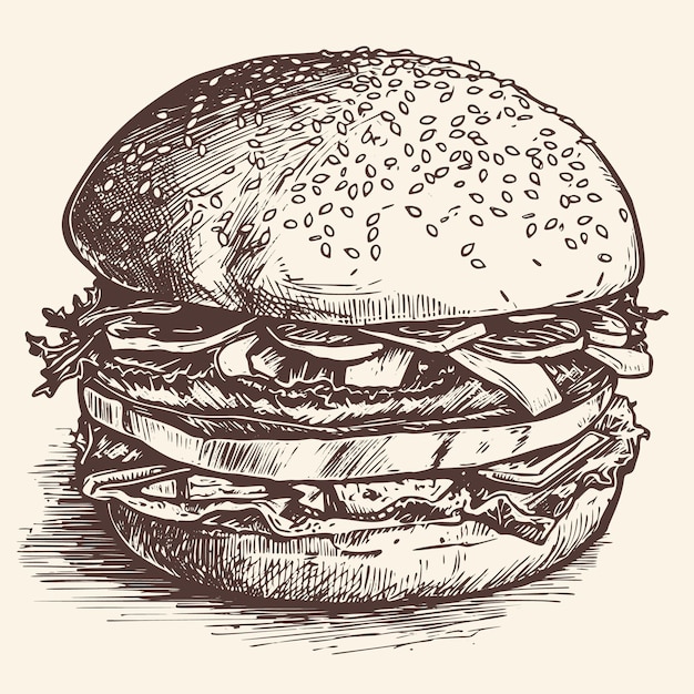 Vector handgetekende vectorillustratie van een grote hamburger gedaan in een retro schetsstijl