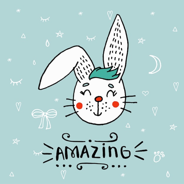Handgetekende vectorillustratie van een schattig grappig konijnengezicht met de letters Amazing