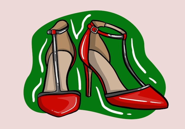 Handgetekende vectorillustratie van elegante modieuze rode damesschoenen met hoge hak