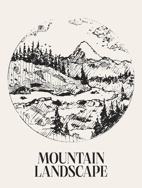 Handgetekende vectorillustratie van logo met berglandschap en wolken