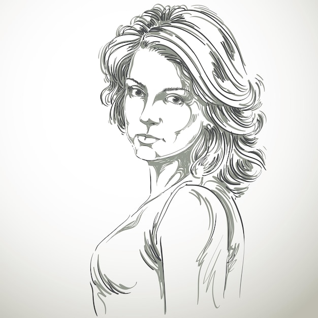 Handgetekende vectorillustratie van mooie zelfverzekerde vrouw. Zwart-wit beeld, uitdrukkingen op het gezicht van een jonge dame, blank type.