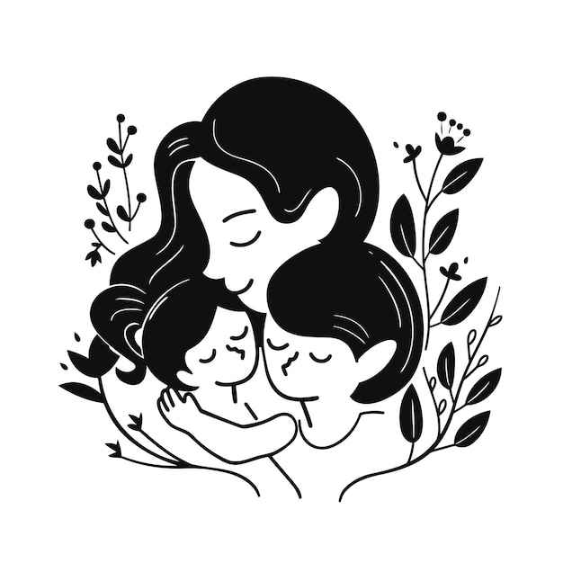 Handgetekende vectorlijnkunst moeder en kind