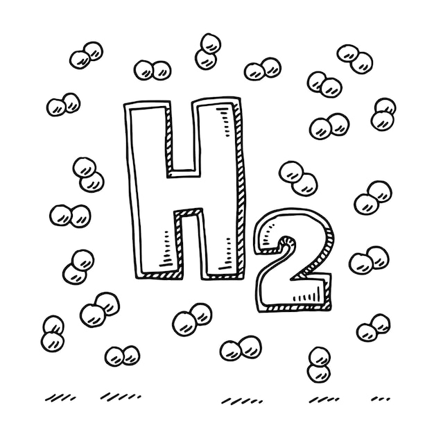 Handgetekende vectortekening van een H2 tekst en waterstofmoleculen zwart-wit schets op een transpare