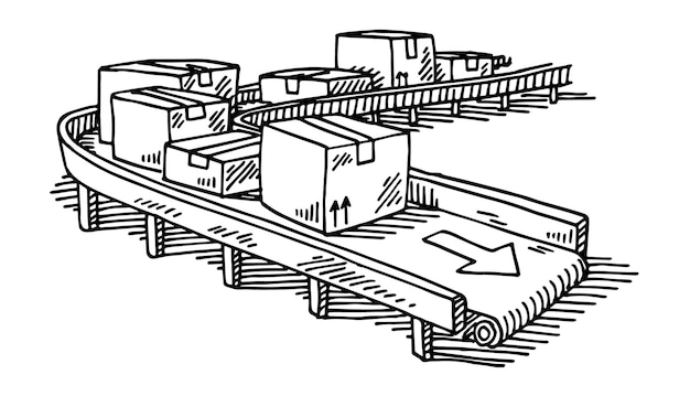 Vector handgetekende vectortekening van een transportband met verpakkingen zwart-wit schets op een doorzichtige