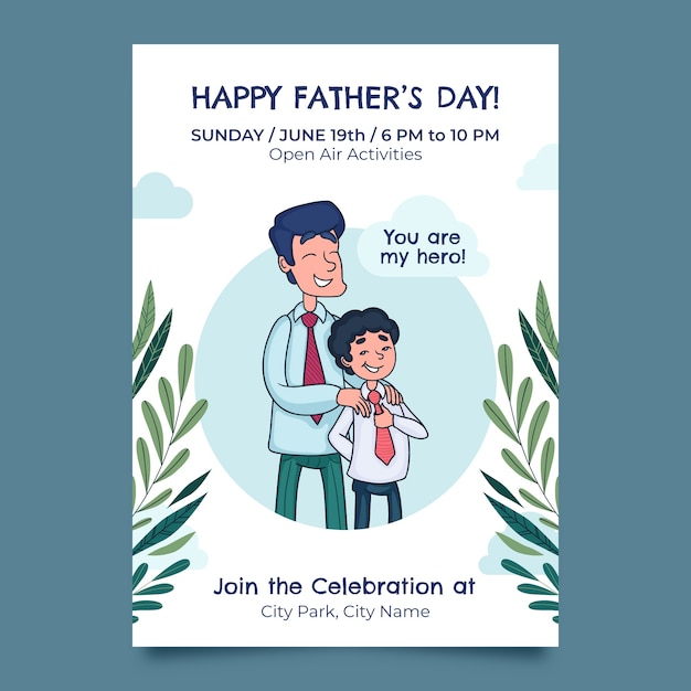 Handgetekende verticale postersjabloon voor vaderdag met vader en kind