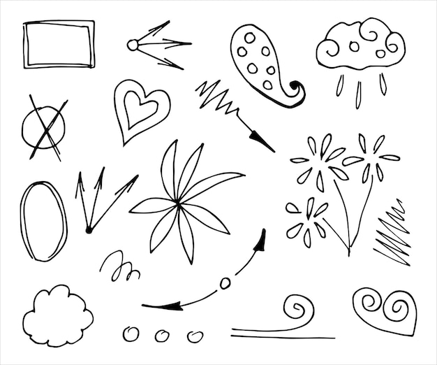 Vector handgetekende verzameling van verschillende doodle-elementen voor ontwerpconcept