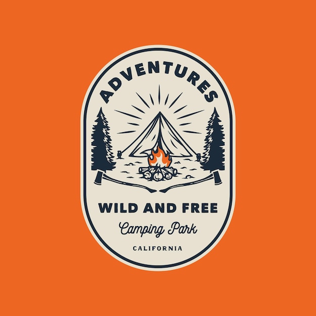 Handgetekende vintage adventure outdoor camping logo badge