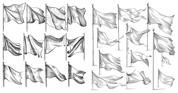 Vector handgetekende vlaggen sketch zwaaiende stof op paal verschillende vlaggen graveren vormen met golven