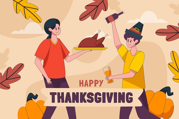 Vector handgetekende vlakke afbeelding van mensen die thanksgiving vieren