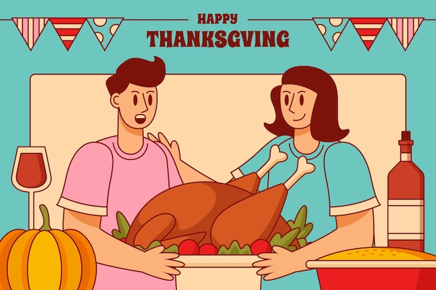 Vector handgetekende vlakke afbeelding van mensen die thanksgiving vieren