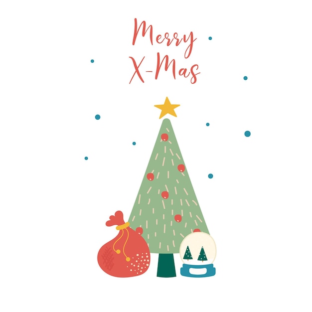 Handgetekende vrolijke kerst achtergrond met een kerstboom en een tas