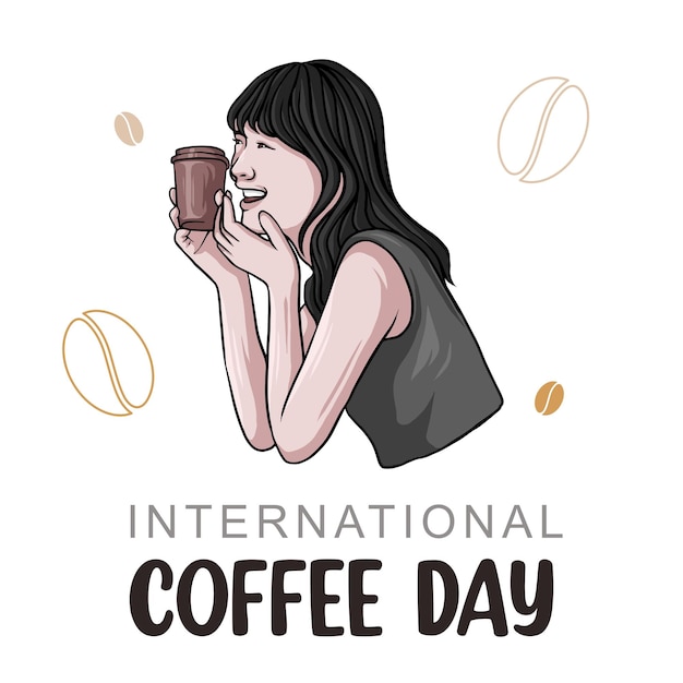 Handgetekende vrouw die koffie drinkt voor internationale koffiedag
