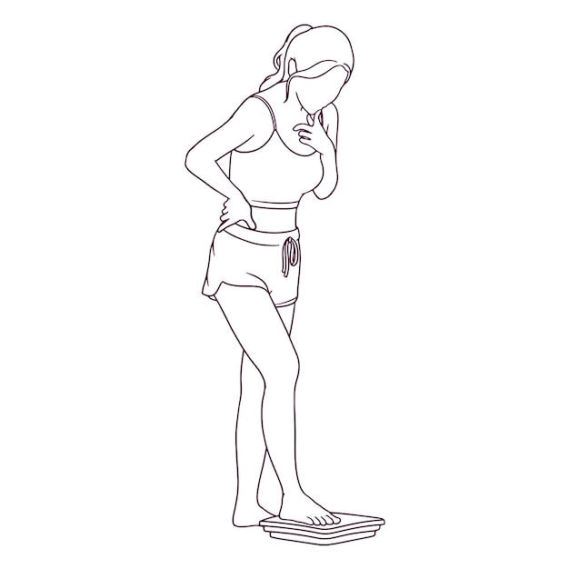 Handgetekende vrouw in sportkleding die haar gewichtsillustratie meet
