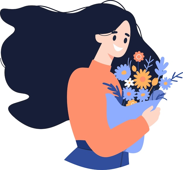Handgetekende vrouw met bloemen in het concept van Vrouwendag in platte stijl geïsoleerd op achtergrond