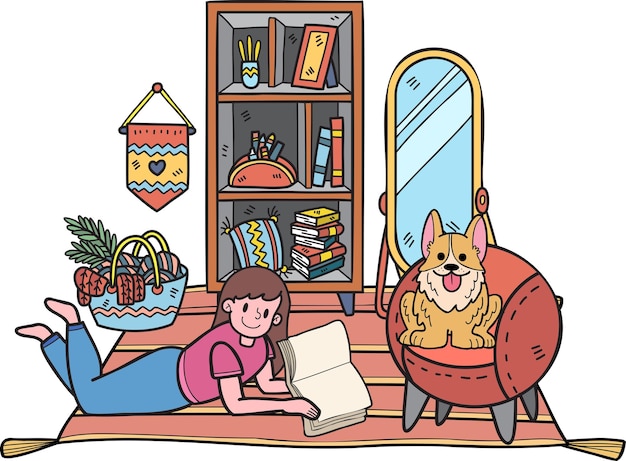 Handgetekende vrouwenlezing in kamer met Corgi Dog illustratie in doodle stijl