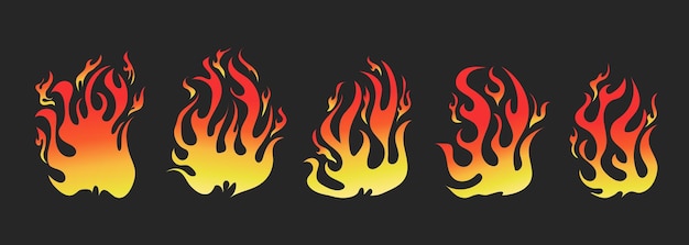 Vector handgetekende vuurillustratie op zwarte achtergrond voor elementontwerp silhouet van vlammen in set