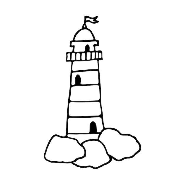 Handgetekende vuurtoren in doodle stijl. Vuurtoren op een witte achtergrond. Vuurtoren pictogram.