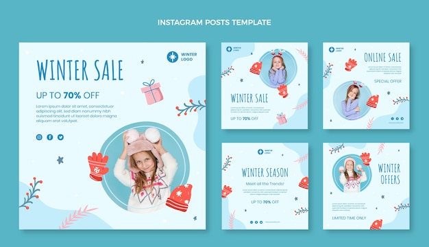 Handgetekende winter instagram posts collectie