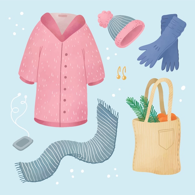 Vector handgetekende winterkleding en essentials-collectie