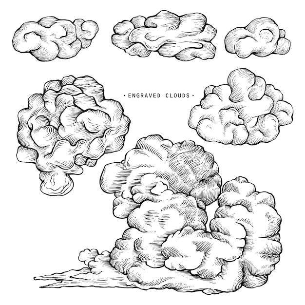 Handgetekende wolken Schetsen schetsen wolk vintage vector gravure vector illustratie