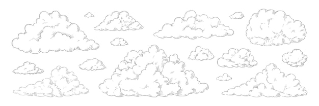 Handgetekende wolken Vintage schets van hemelachtergrond Retro potlood gedetailleerde tekening Geïsoleerde bewolkte zwart-witte atmosfeer vormen Freehand grafische cloudscape elementen Vector hemel sjablonen set