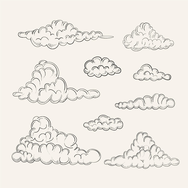 Vector handgetekende wolkencollectie graveren