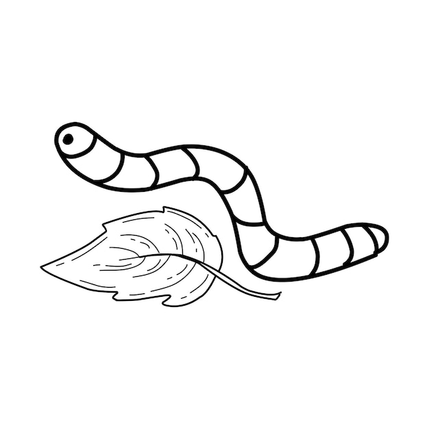 Handgetekende worm met blad in doodle-stijl