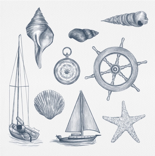 Handgetekende zeilboot en zeeschelp illustratie vector set