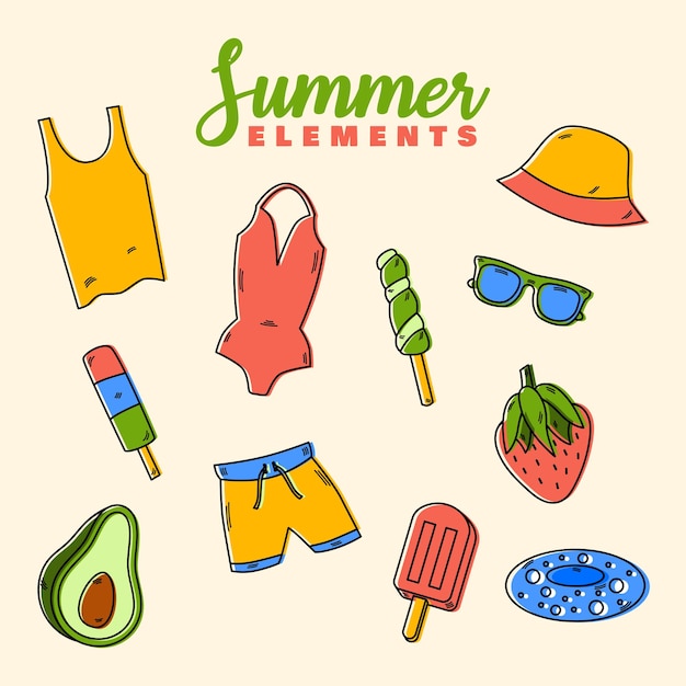 Handgetekende zomer element clip art collectie