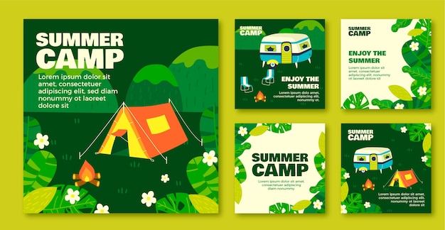 Vector handgetekende zomerkamp instagram posts sjabloon