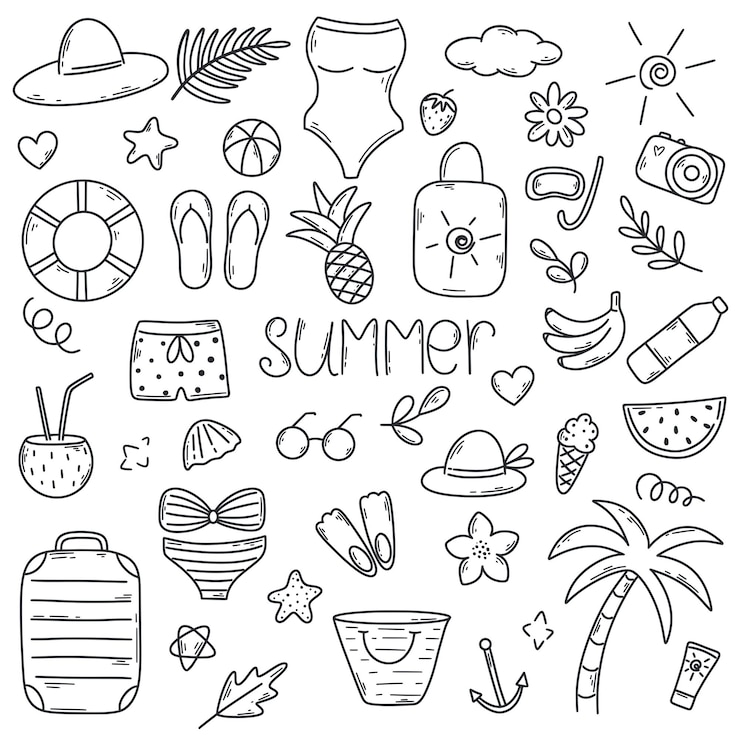 Vector handgetekende zomervakantie en reiselementen
