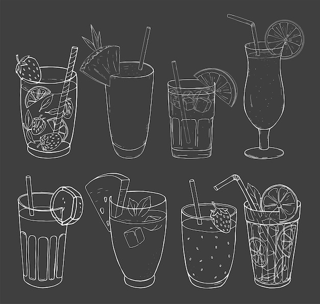 Handgetekende zwart-wit set zomerse verfrissende cocktails