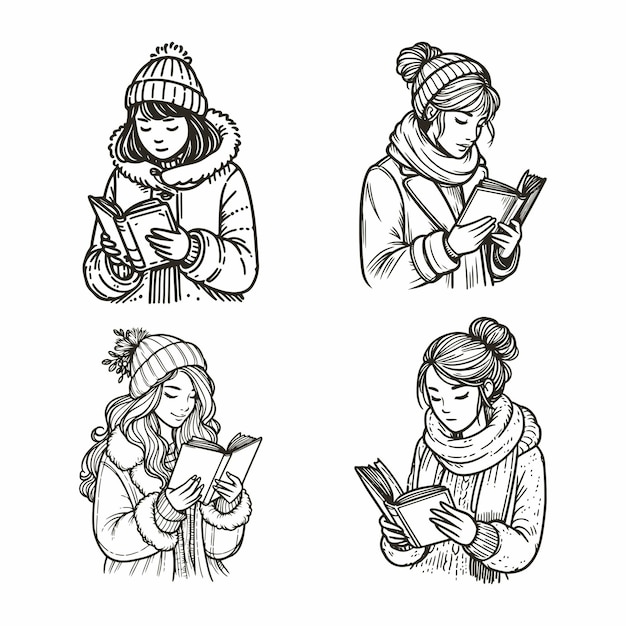 Vector handgetekende zwart-witte vectorvrouw in winterkleding die een boek leest