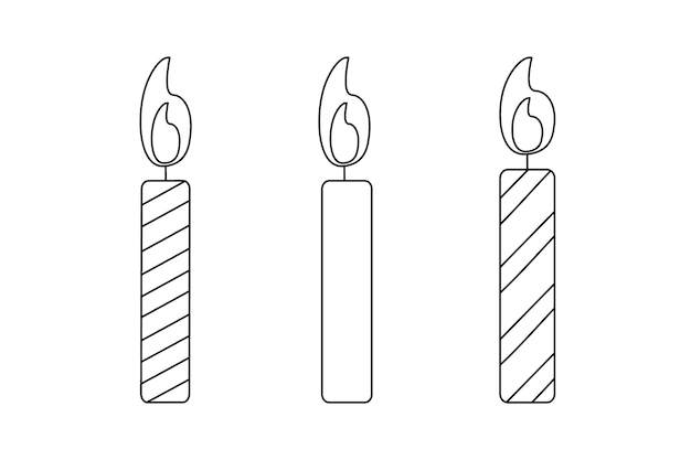 Handgetekende zwarte verjaardagskaarsen branden in doodle stijl. Een leuke decoratie voor elke vakantie