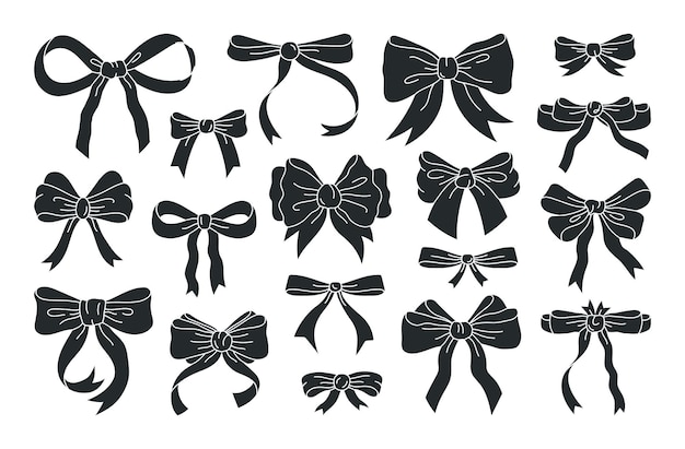 Handgetekende zwarte zijden strikken Strikken silhouetten voor feestdagen geschenkkisten strikken silhouet platte vector illustratie set verjaardagscadeaus lint decoratie.