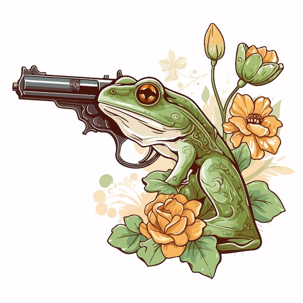 handgun_with_leave_and_frog_on_white_background