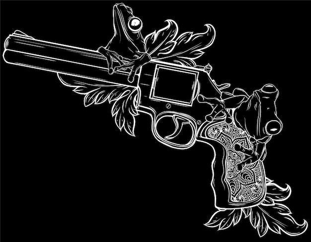 Handgun with leave and frog on black background vector design digital hand draw