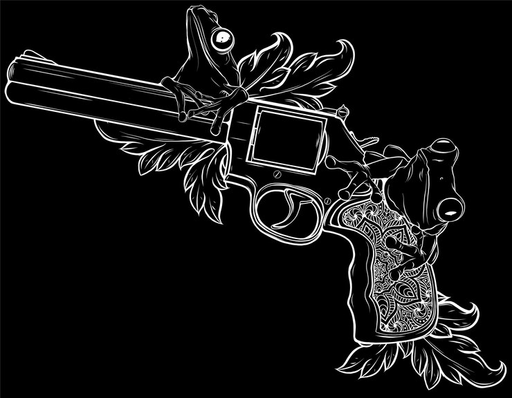 वेक्टर handgun with leave and frog on black background vector design digital hand draw